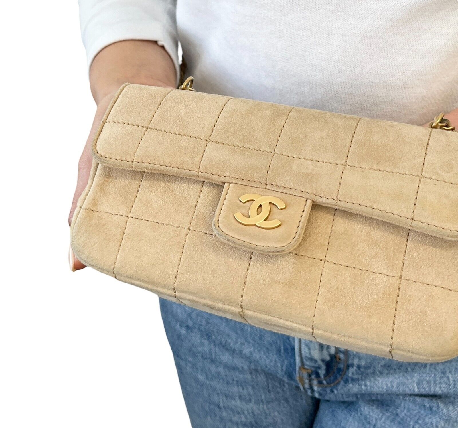 CHANEL Vintage CC Logo Chocolate Bar Crossbody Bag Chain Beige Gold Suede
