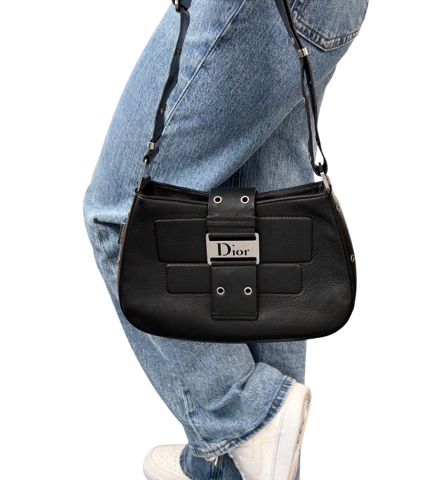 Christian Dior Vintage Street Chic Shoulder Bag Black Silver Leather 902204