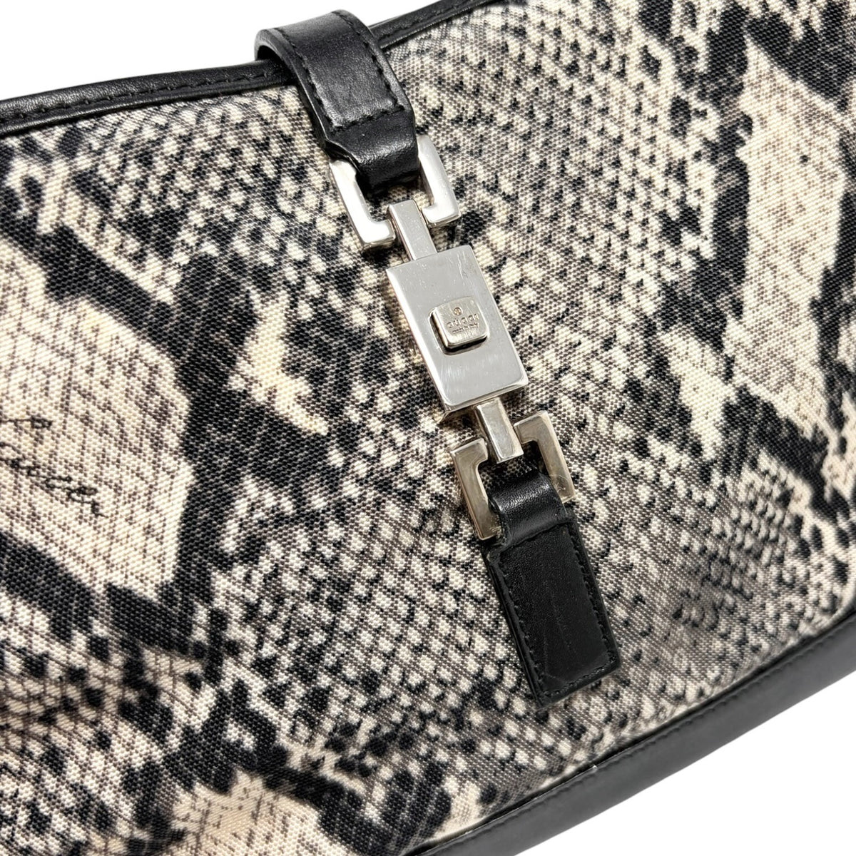 GUCCI Vintage Logo Jackie Snake Print Shoulder Bag Black White Nylon 901854