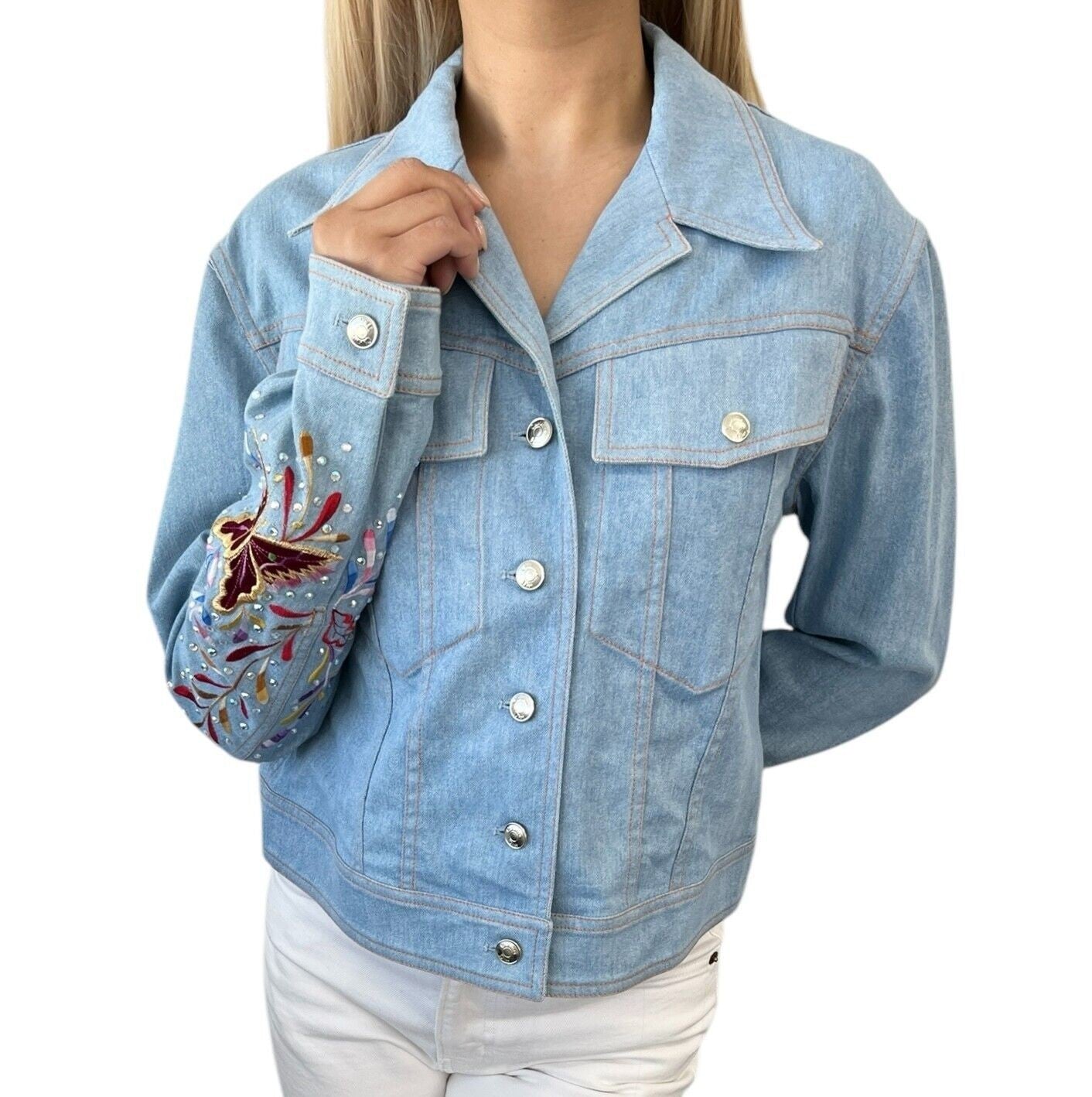 Christian Dior Vintage 2002 Denim Jacket #38 Embroidery Rhinestone Glitter Blue