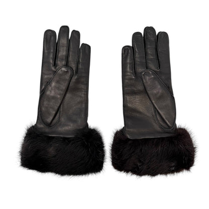 GUCCI Vintage Horsebit Fur Trim Lambskin Leather Gloves #7 Black Silver 902097