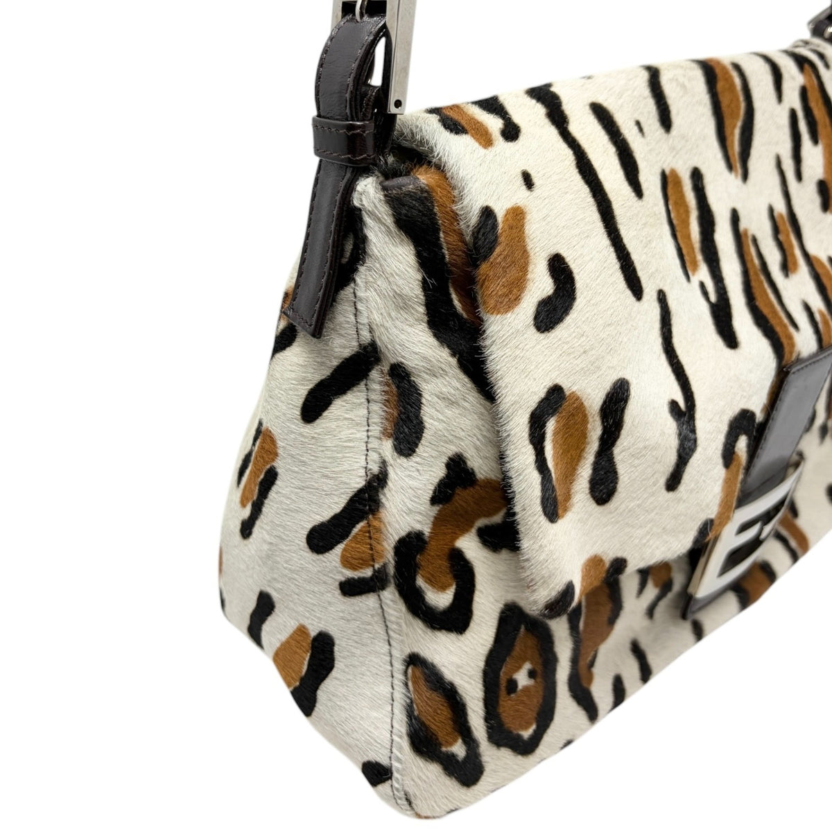 FENDI Vintage FF Leopard Mamma Baguette Bag Pony Calf Hair Ivory Brown 902818