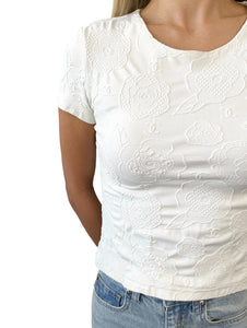 CHANEL Vintage CC Mark Logo Camellia Print T-shirt Short Sleeve Top White Nylon