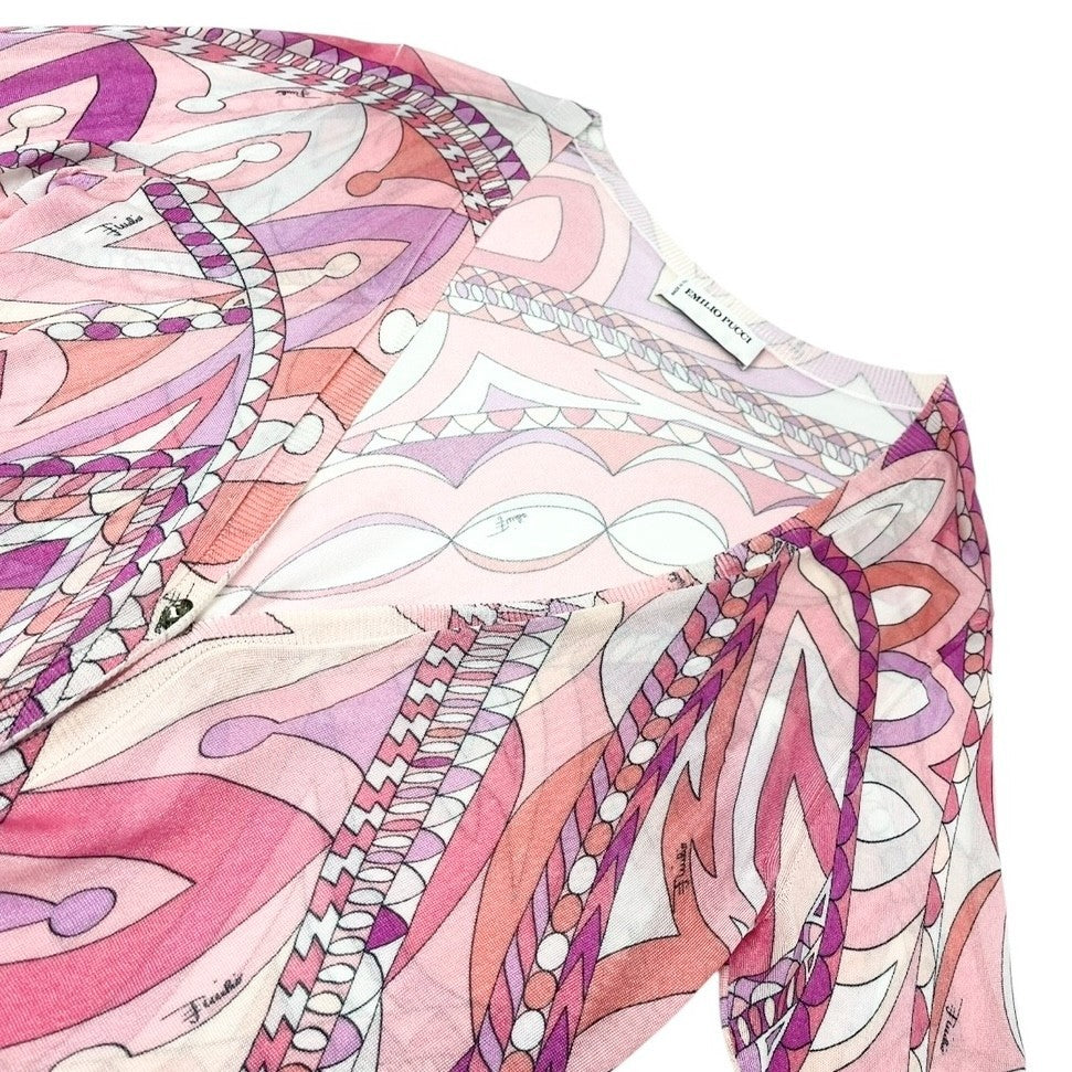 EMILIO PUCCI Vintage Logo Knit Cardigan Top #34 Multicolor Pink Rayon Button