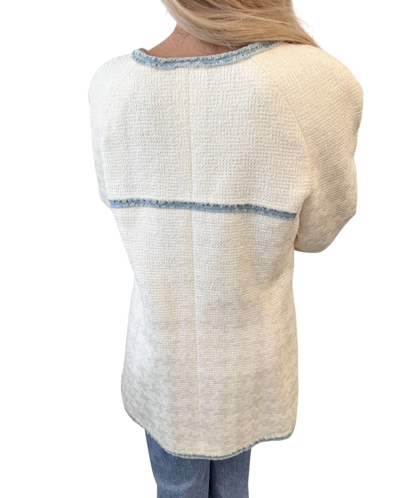 CHANEL Vintage 07P CC Logo Tweed Long Jacket Trim Denim #42 Blue White Button