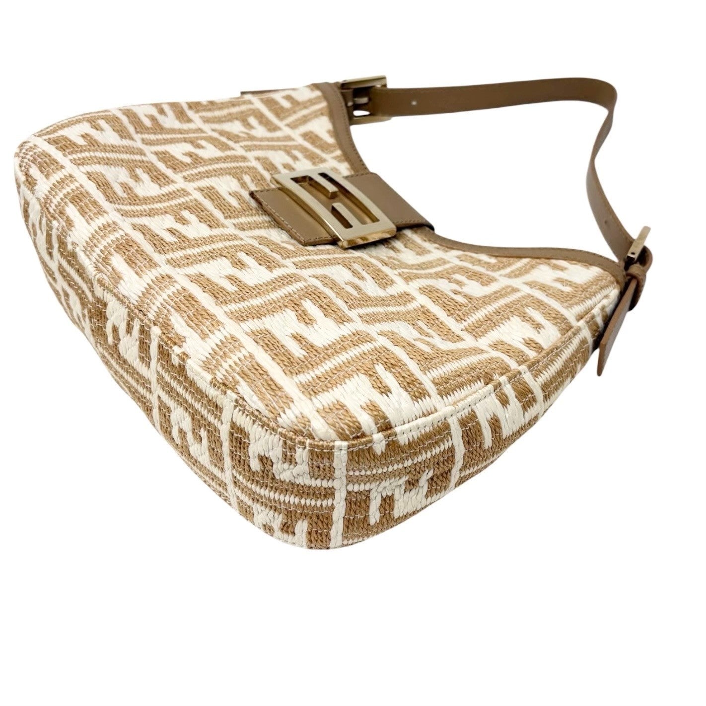 FENDI Vintage FF Logo Zucca Raffia Hobo Shoulder Bag Beige White Leather