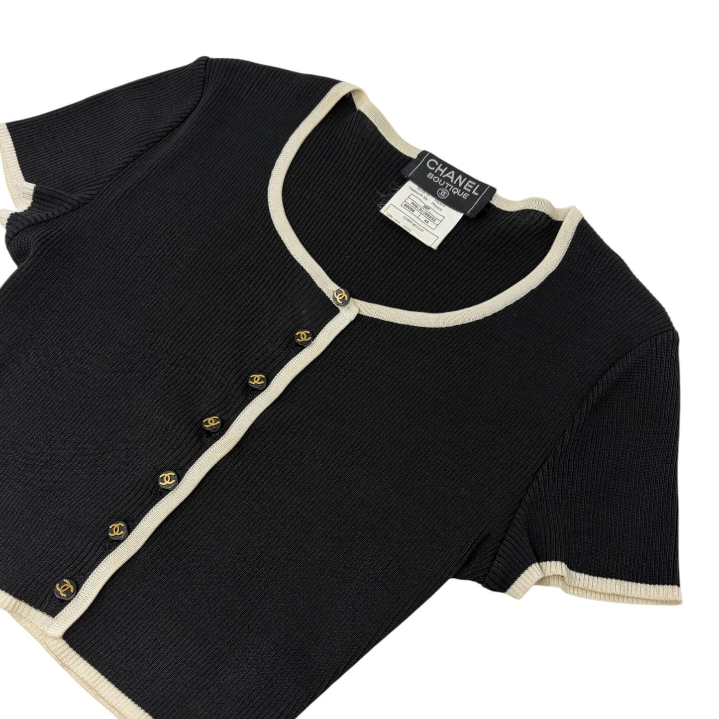 CHANEL Vintage 95P CC Logo Button Knit Cropped Ribbed T-shirt Top #42 Black