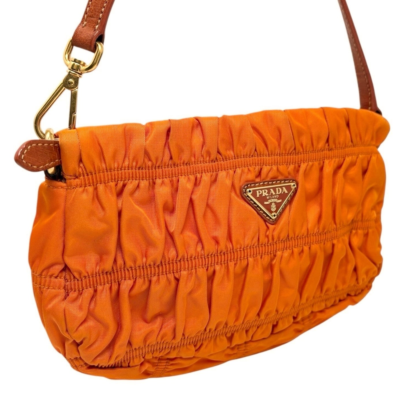 PRADA Vintage Logo Tessuto Gaufre Pochette Shoulder Nylon Bag Orange Gold