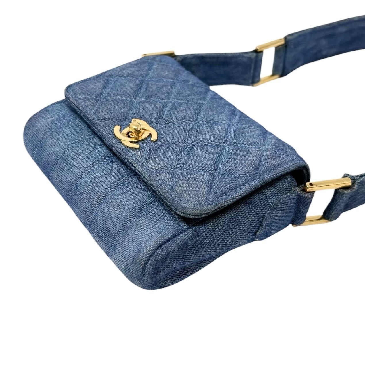CHANEL Vintage CC Logo Turnlock Quilted Denim Flap Shoulder Bag Blue Gold