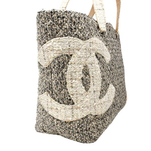 CHANEL Vintage Big CC Logo Cambon Line Tweed Tote Bag Gray Pink Wool Rank AB