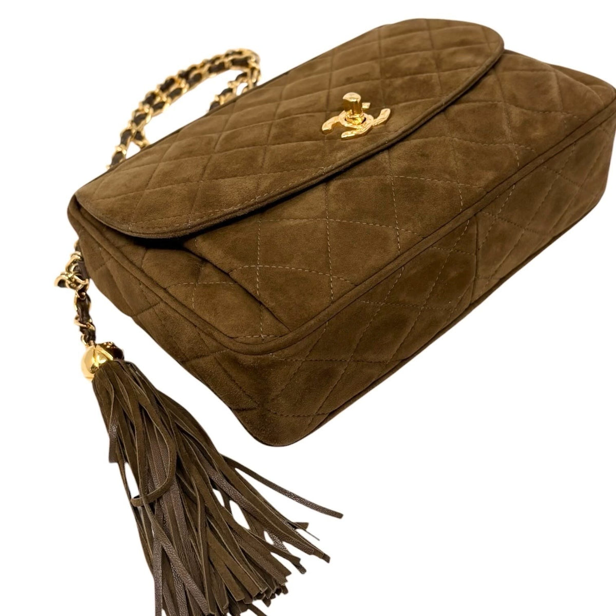CHANEL Vintage CC Turnlock Quilted Chain Shoulder Bag Brown Gold Suede 902333