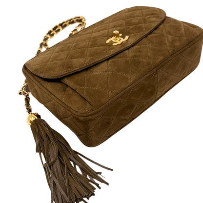 CHANEL Vintage CC Turnlock Quilted Chain Shoulder Bag Brown Gold Suede 902333