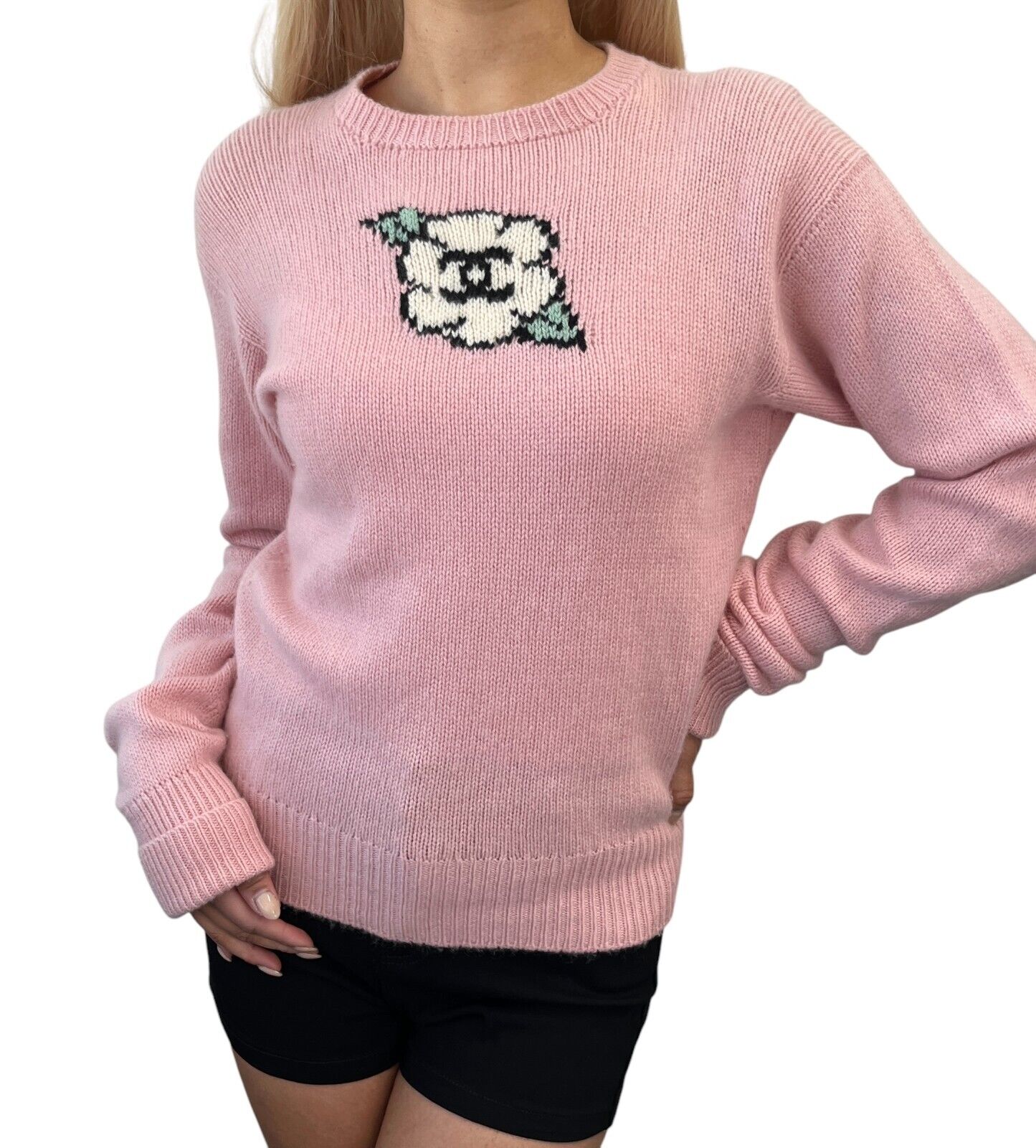 CHANEL Vintage 95A CC Logo Camellia Knit Sweater Top #42 Pink Cream Cashmere