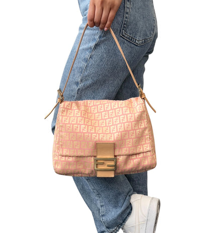 FENDI Vintage Zucchino Mamma Baguette Bag Pink Yellow Canvas Leather 902042