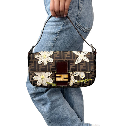 FENDI Vintage FF Zucca Mamma Baguette Shoulder Bag Flower Brown Canvas 902041