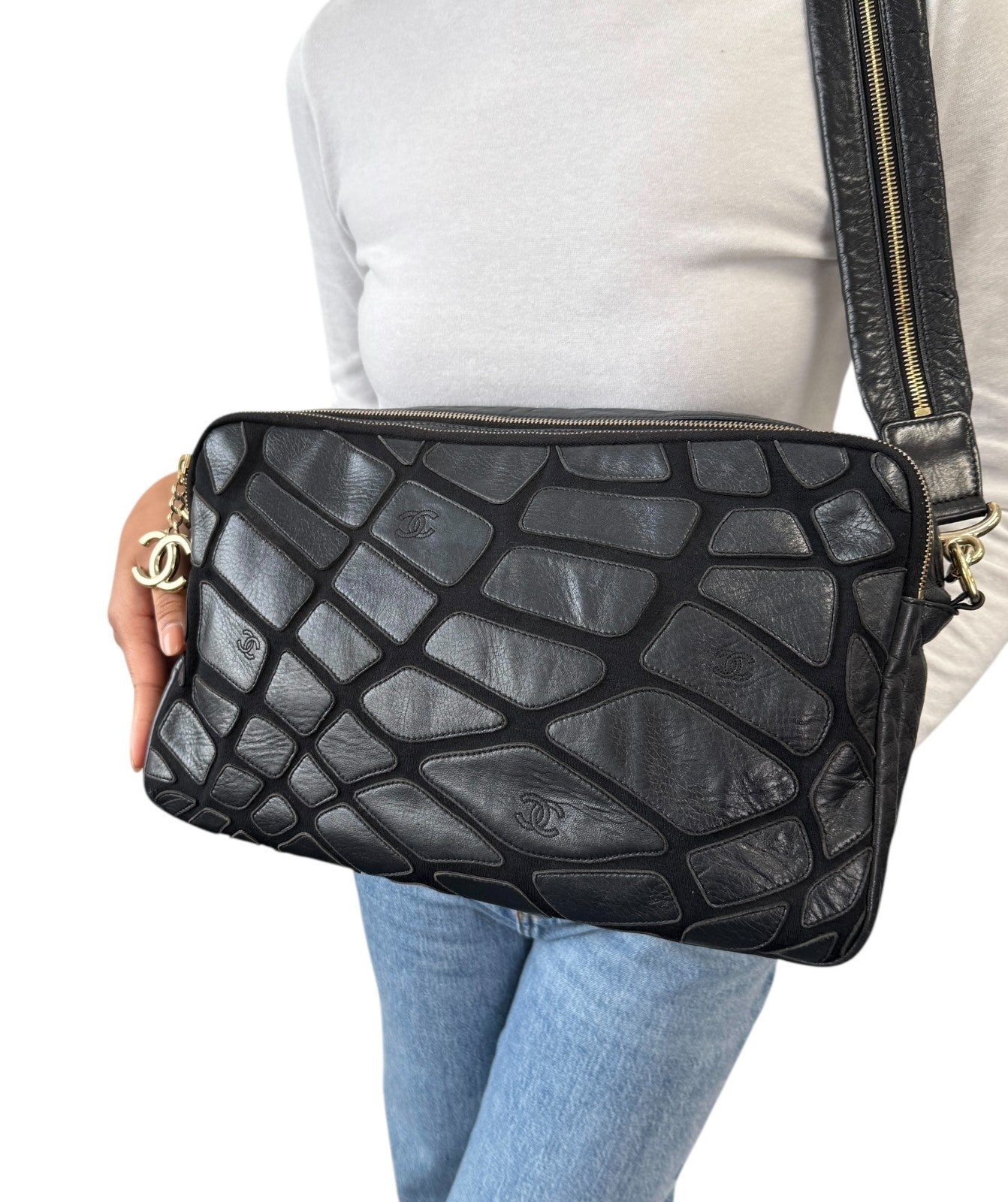 CHANEL Vintage CC Logo Crossbody Bag Lambskin Jersey Scales Leather Black Gold