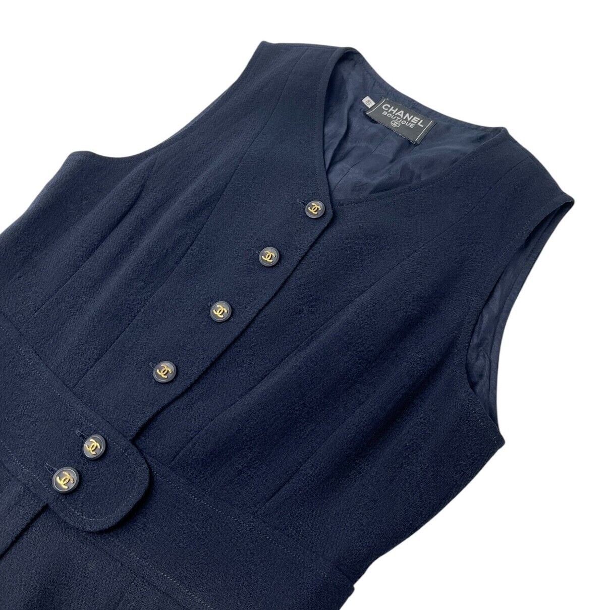 CHANEL Vintage CC Mark Logo Culottes Dress #40 Dark Blue Gold Wool Sleeveless