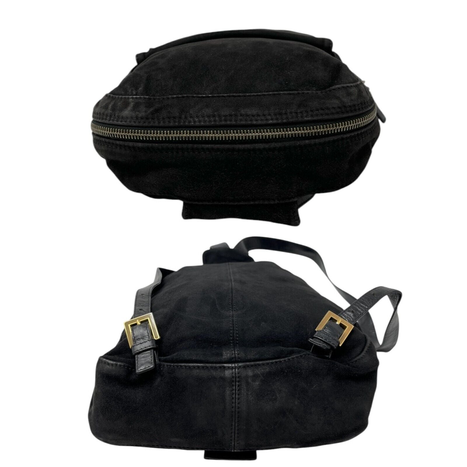 FENDI Vintage FF Logo Backpack Zip Black Green Suede Leather Front Pocket