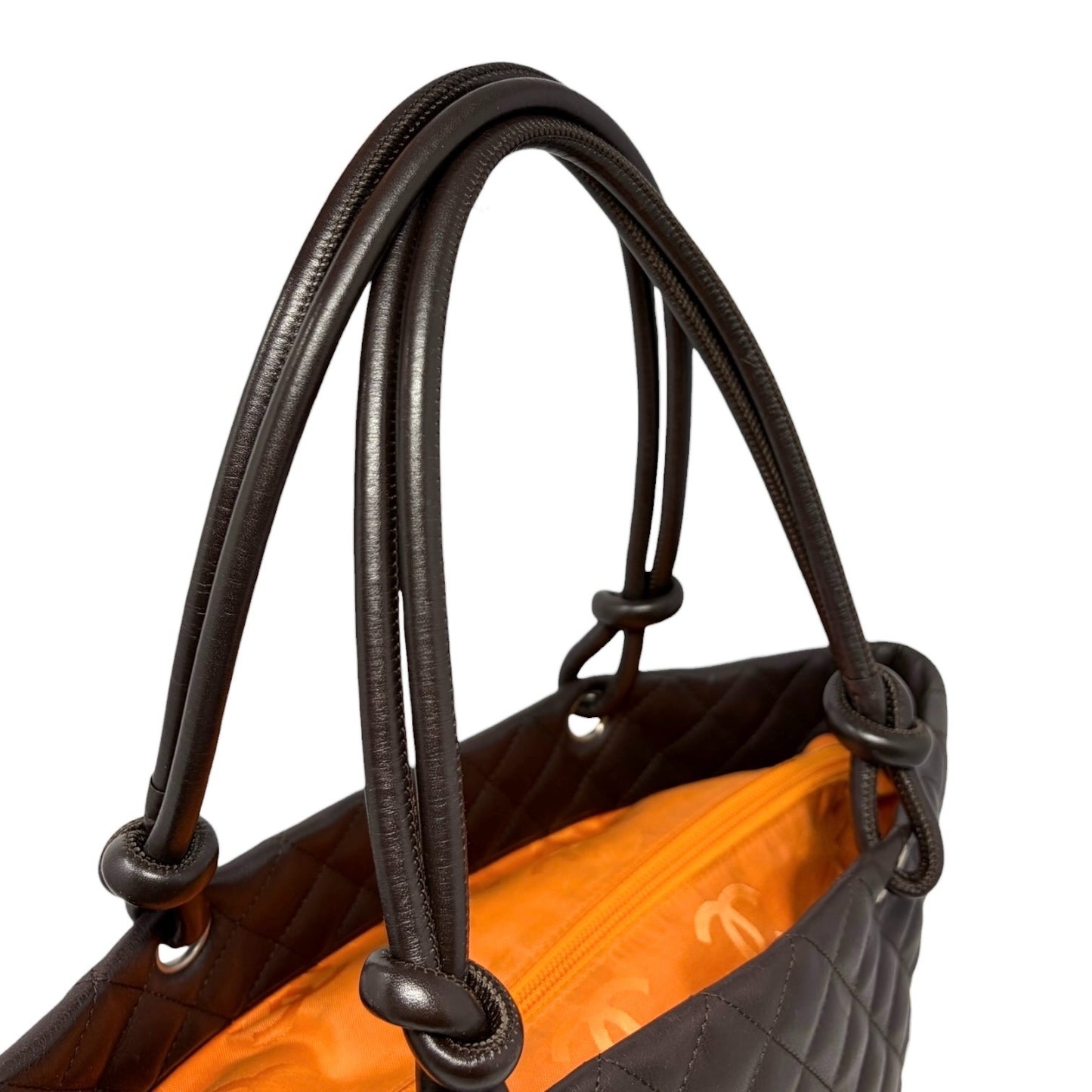 CHANEL Vintage Cambon Line CC Logo Quilted Tote Bag Brown Beige Leather