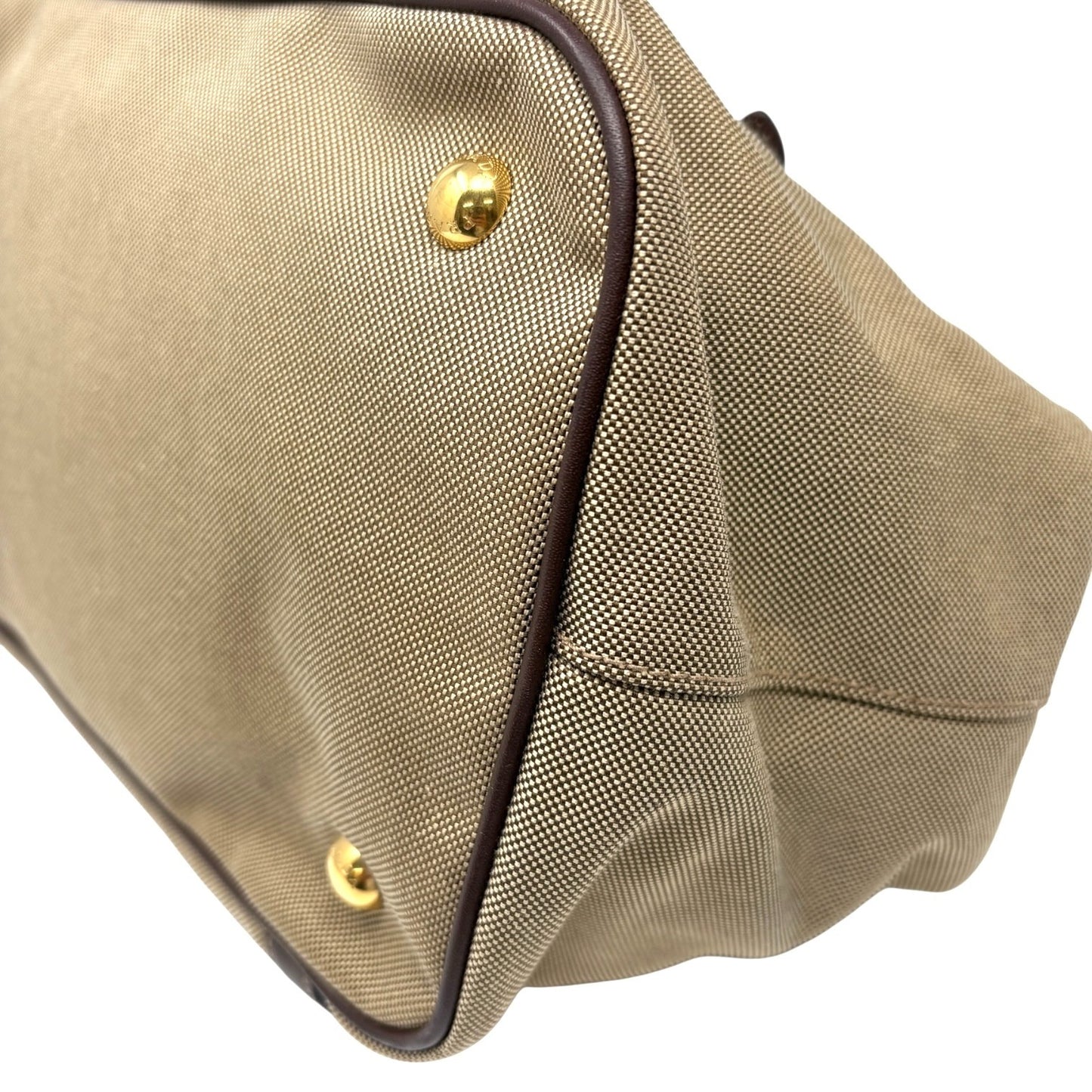 PRADA Vintage Triangle Logo Jacquard Canvas Tote Bag Handbag Khaki Dark Brown