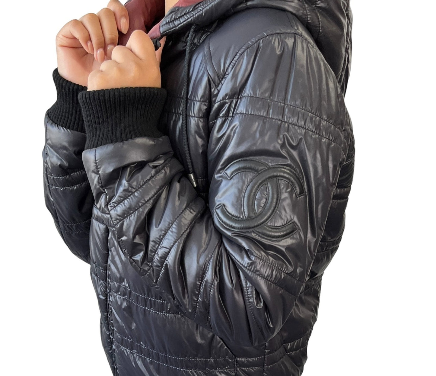 CHANEL Sport Vintage P3665 CC Logo Hoodie Zip Up Puffer Jacket #36 Red Black