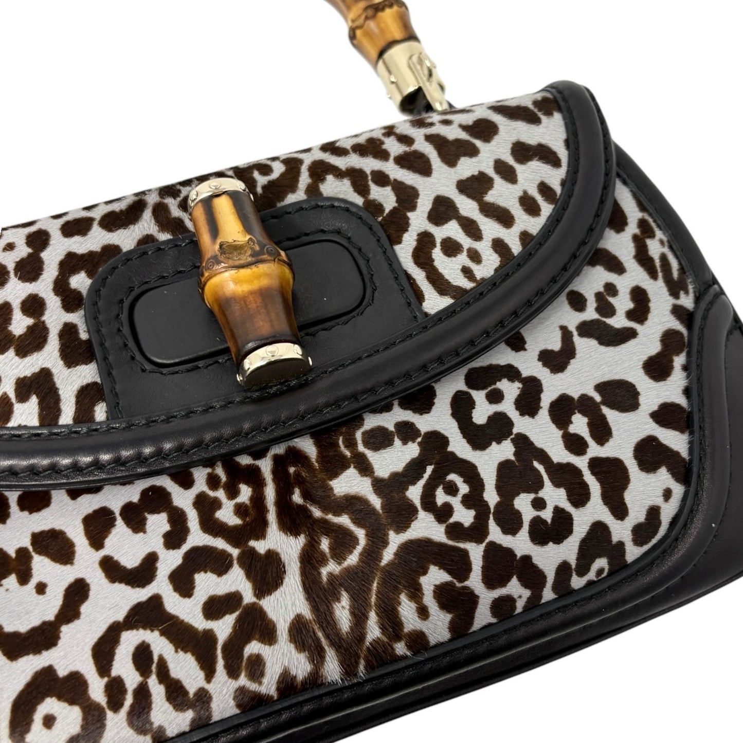 GUCCI Vintage Bamboo Leopard 2way Handbag Crossbody Bag Pony Calf Hair Gray