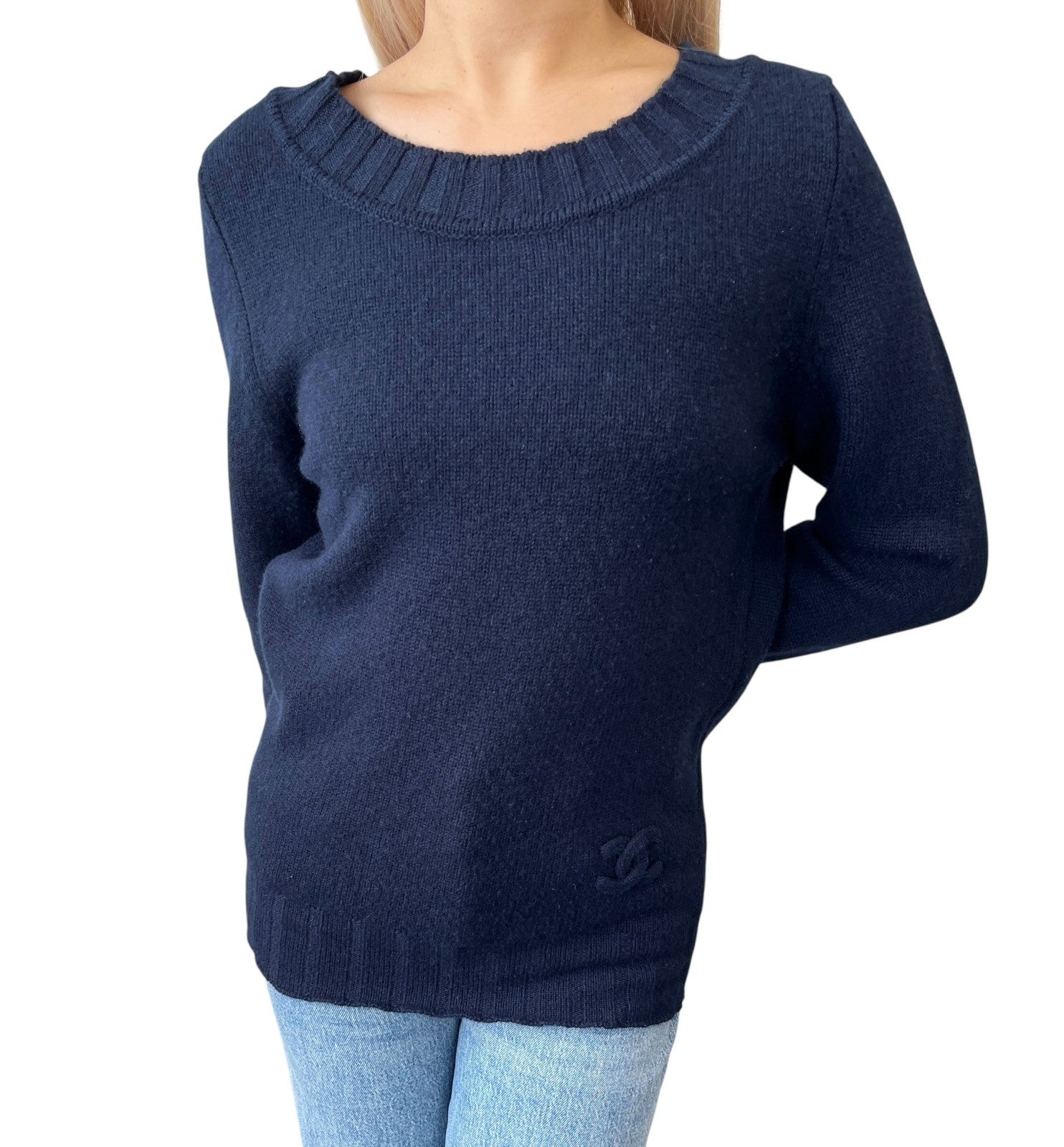 CHANEL Vintage P44576 CC Mark Logo Cashmere Knit Sweater Top #36 Dark Blue Navy