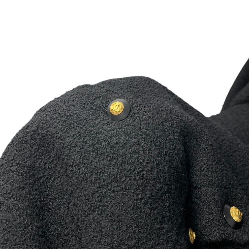 CHANEL Vintage CC Logo Long Tweed Jacket #M Coat Black Gold Wool Silk Button