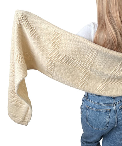 CHANEL Vintage CC Logo Knit Scarf Wrap Accessory Cream Wool Stitch