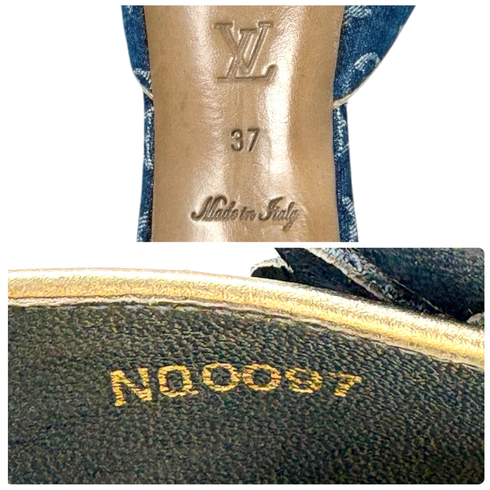 LOUIS VUITTON Vintage LV Monogram Denim Flower Heels Sandals #37 Blue Gold