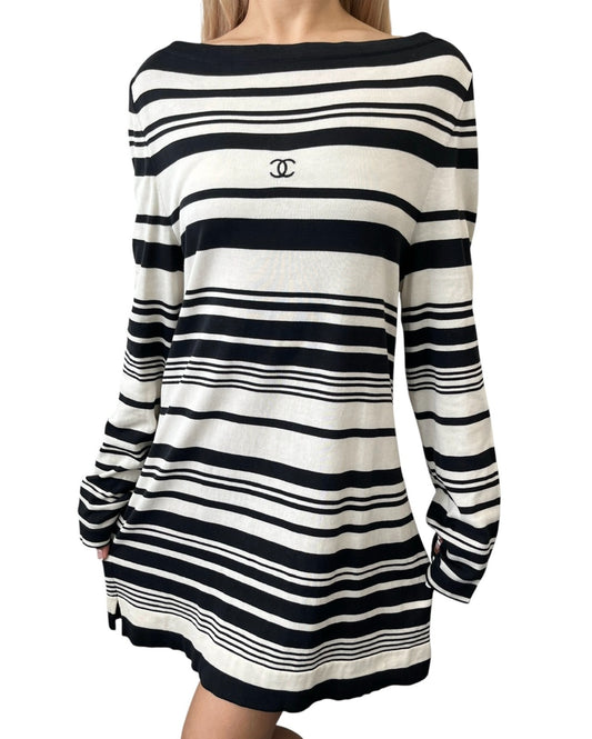 CHANEL Vintage 98P CC Logo Stripe Knit Dress #40 Black White Cotton 901808