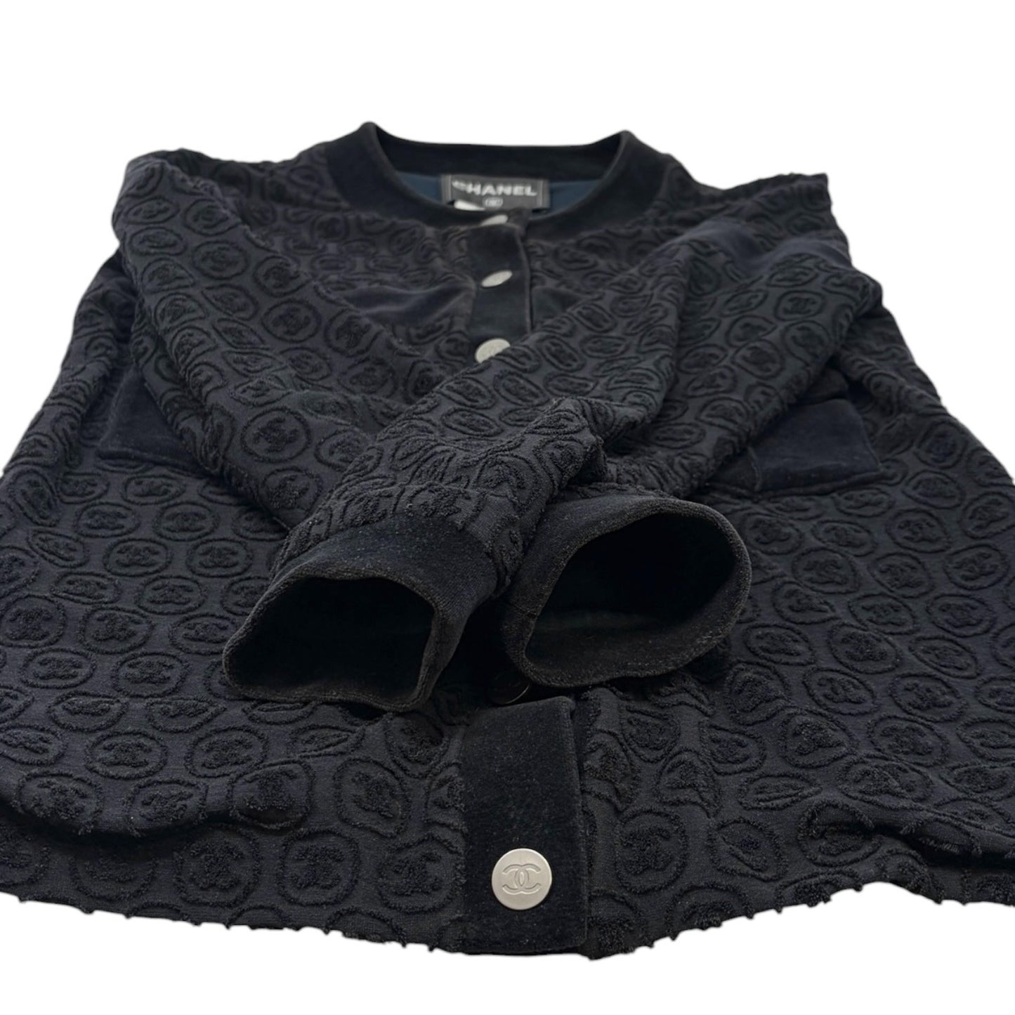 CHANEL Vintage P41364 CC Logo Button Velour Knit Cardigan Jacket #34 Black