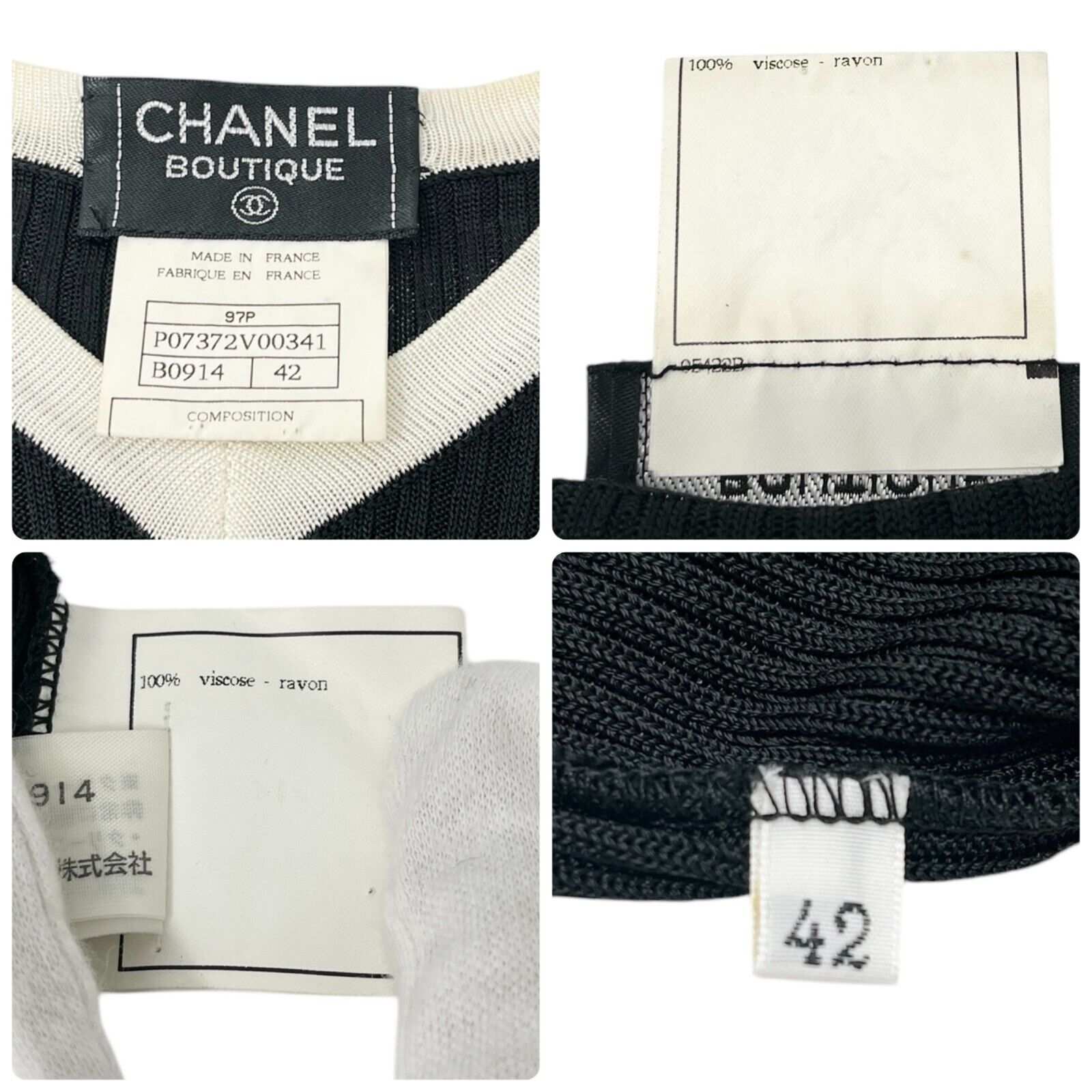 CHANEL Vintage 97P CC Logo Ribbed Knit Dress One-piece #42 Black White Rayon
