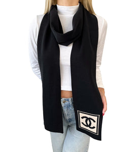 CHANEL Sport Vintage 03A CC Mark Logo Knit Scarf Shawl Black Beige Cotton