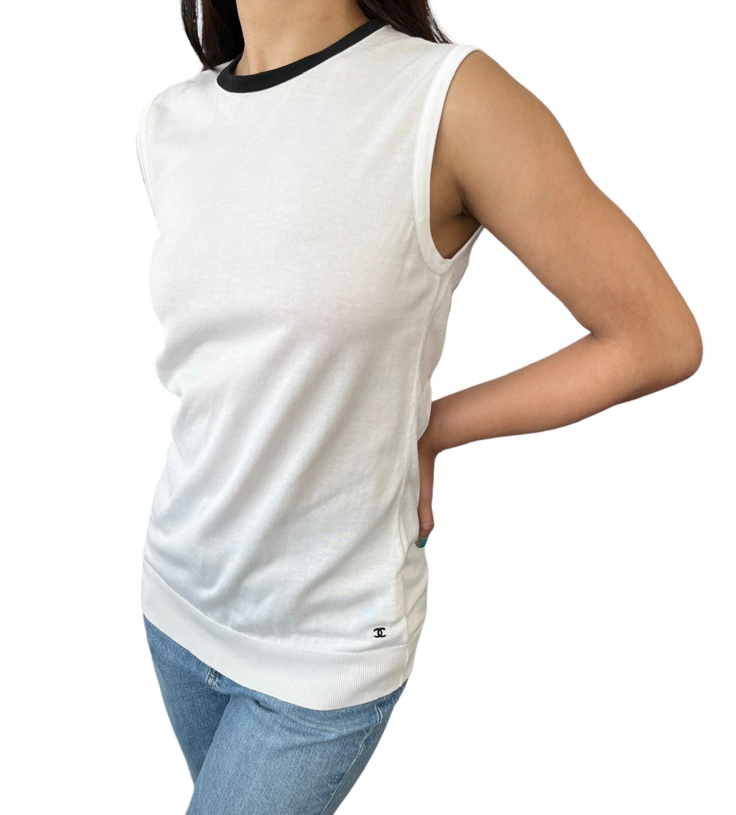 CHANEL 96P CC Logo Summer Knit Tank Top #38 Pullover Cotton White Black RankAB