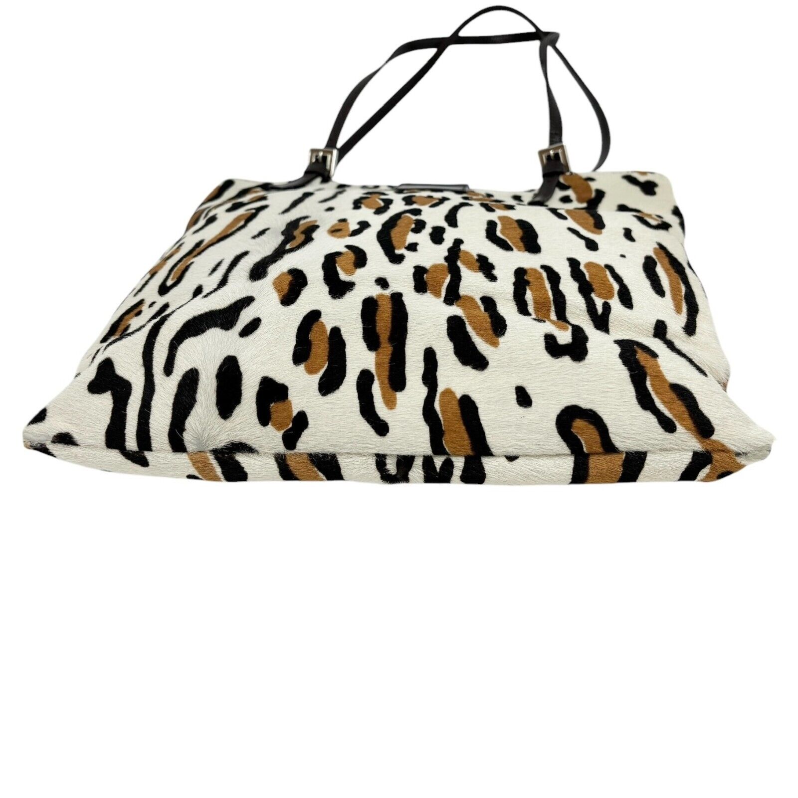 FENDI Vintage FF Logo Mamma Baguette Tote Bag Animal Print White Calf Hair