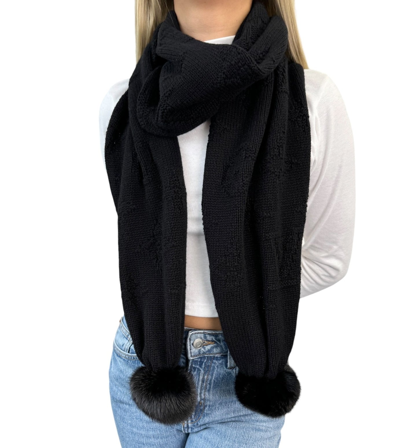 LOUIS VUITTON Vintage Monogram Escharpe Fur Scarf Shawl Black Cashmere Logo