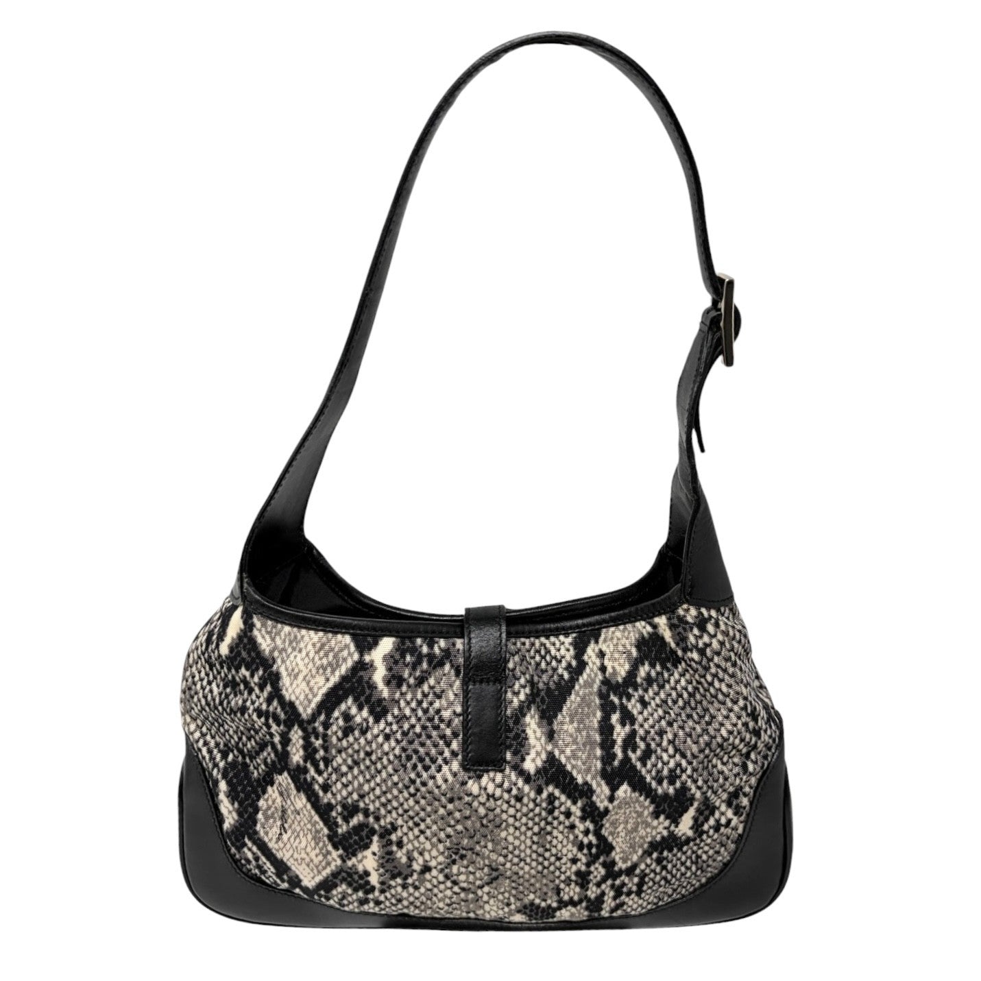 GUCCI Vintage Logo Jackie Snake Print Shoulder Bag Black White Nylon 902411