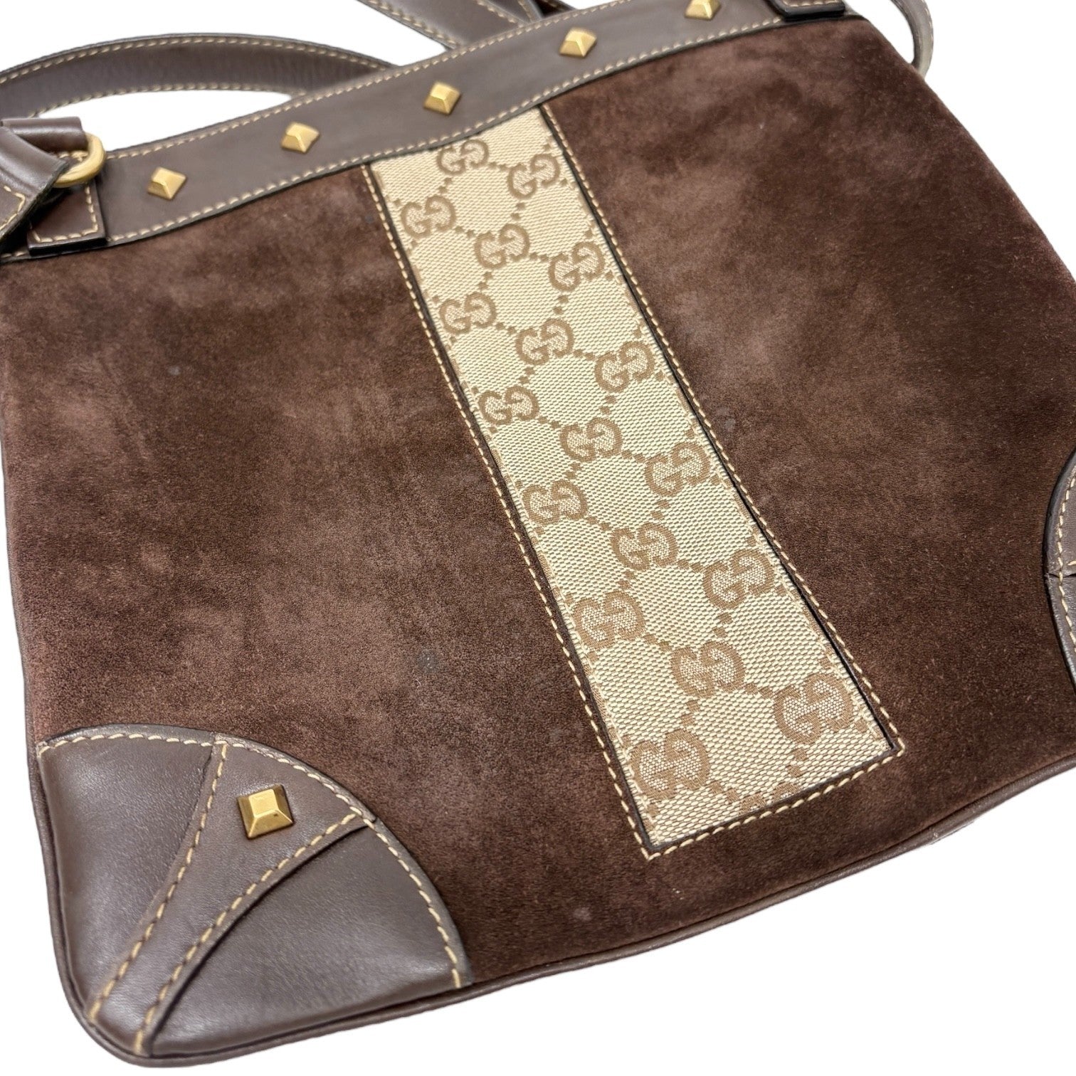 GUCCI Vintage GG Monogram Crossbody Bag Brown Gold Suede Canvas Studs Nailhead