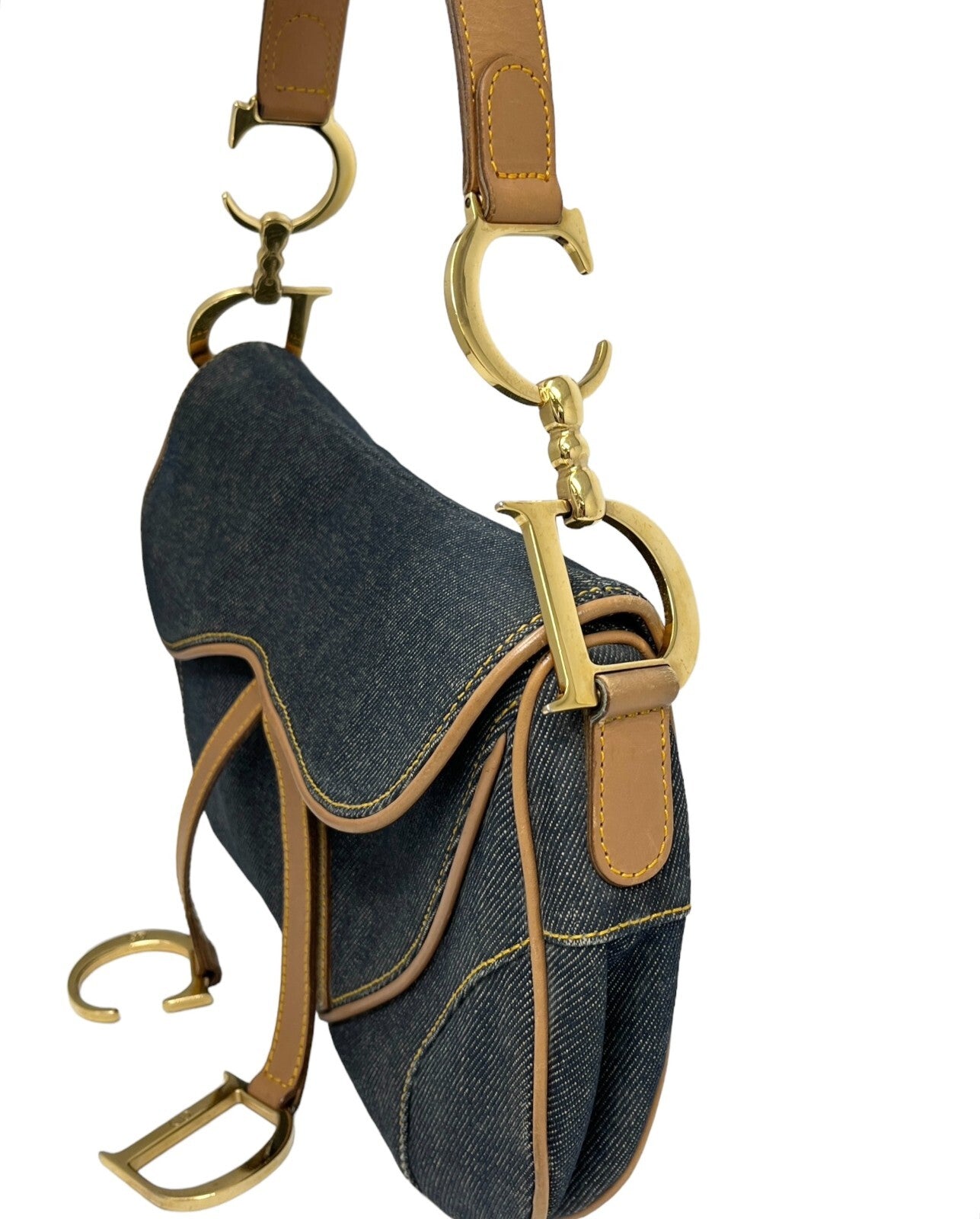 Christian Dior Vintage Double Saddle Bag Denim Dark Blue Brown Cotton Rank AB