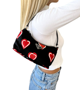 PRADA Vintage Logo Heart Pattern Shoulder Bag Pochette Black Red Nylon