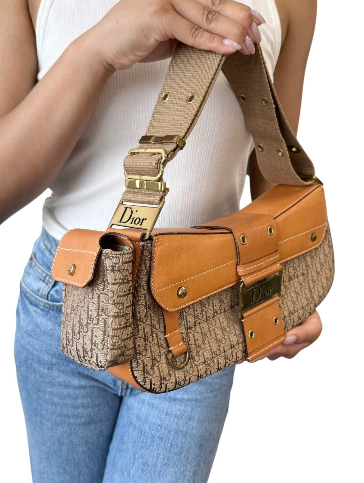 Christian Dior Vintage Trotter Monogram Street Chic Columbus Shoulder Bag Beige