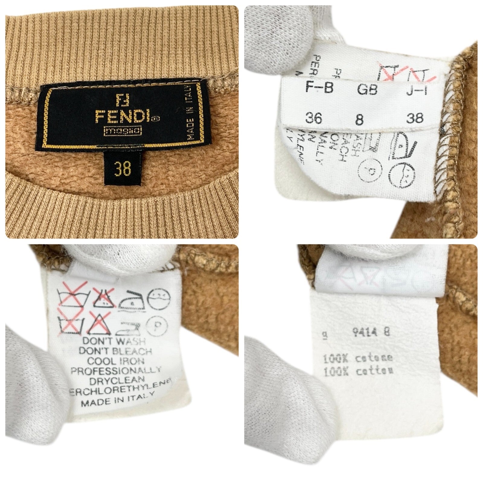 FENDI Vintage Big Logo Sweatshirt Top #38 Brown Cotton Velvet Long Sleeve