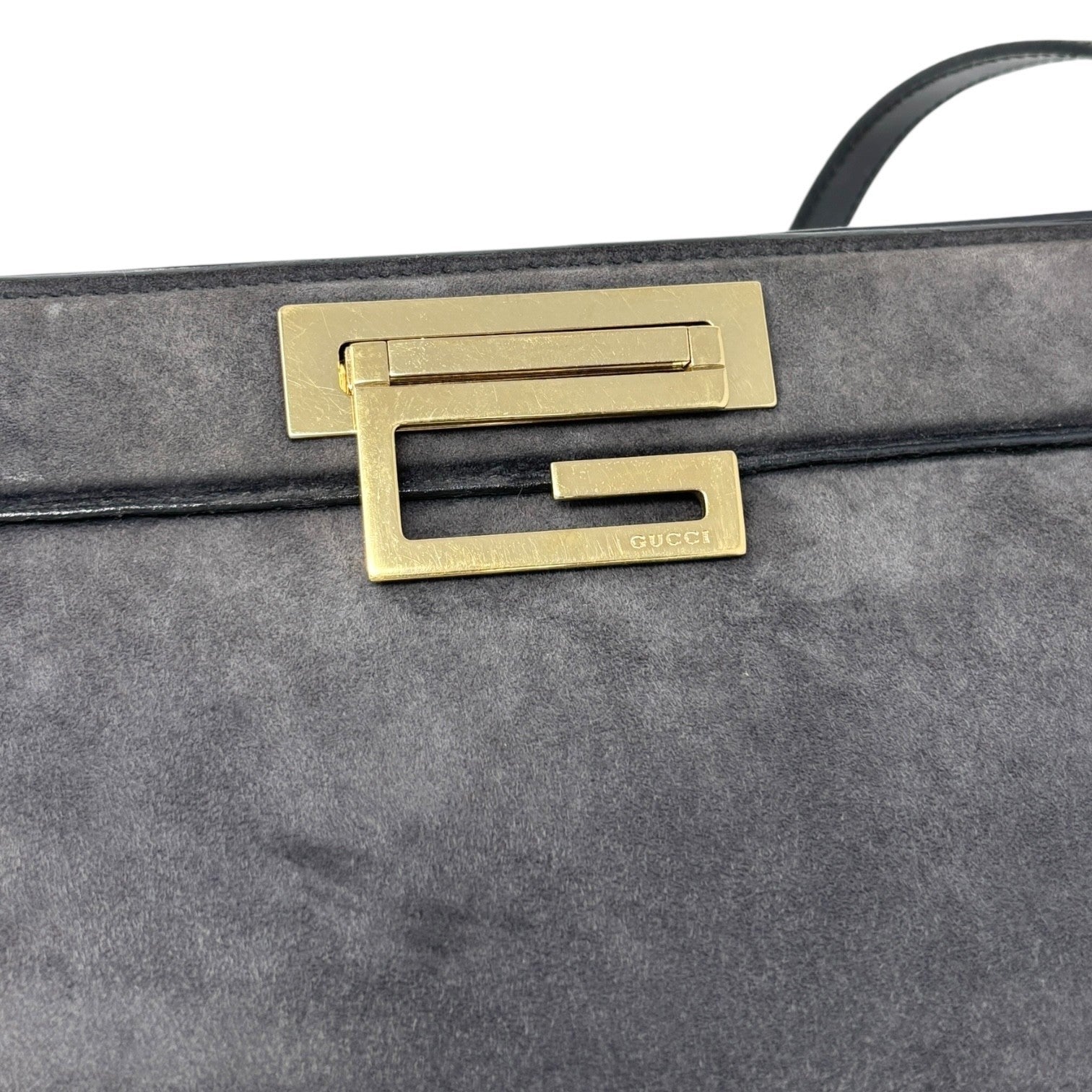 GUCCI Vintage G Square Logo Shoulder Bag Gray Gold Suede Leather