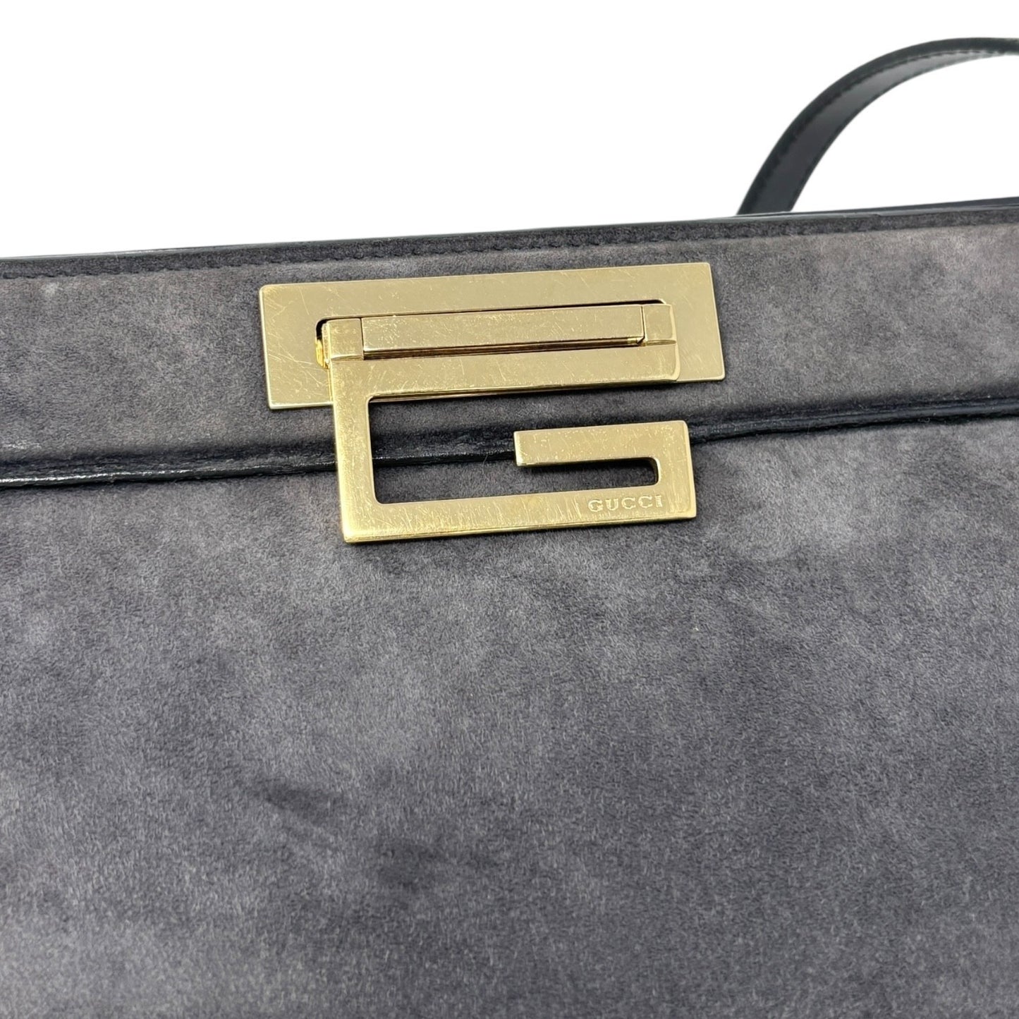 GUCCI Vintage G Square Logo Shoulder Bag Gray Gold Suede Leather