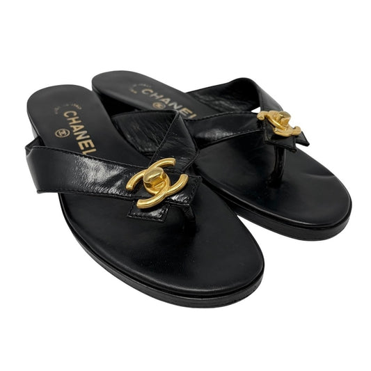 CHANEL Vintage Turnlock CC Logo Flat Thong Sandals #37 Black Leather 902563