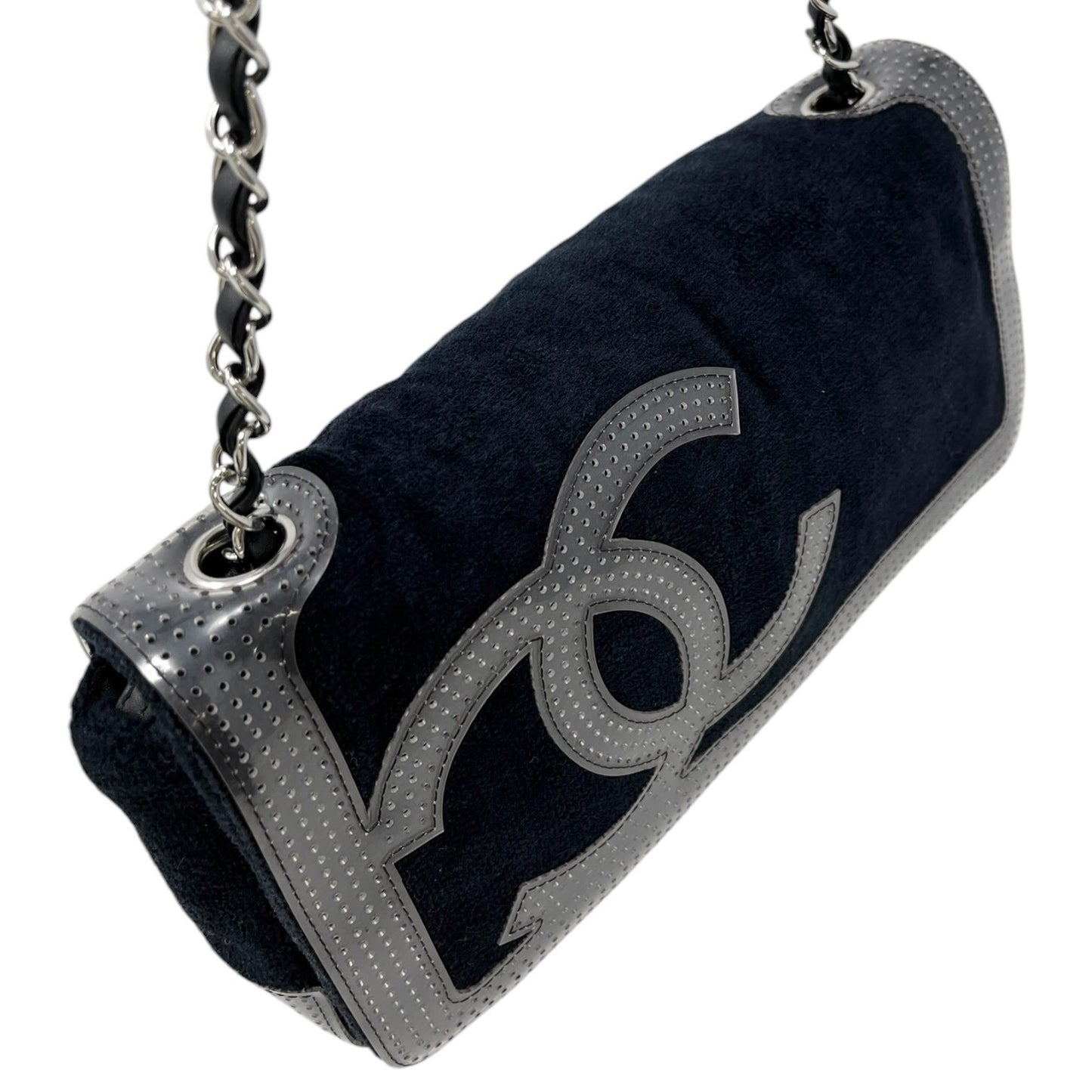 CHANEL Sport Vintage CC Logo Terry Cloth Shoulder Bag Pochette Black Silver