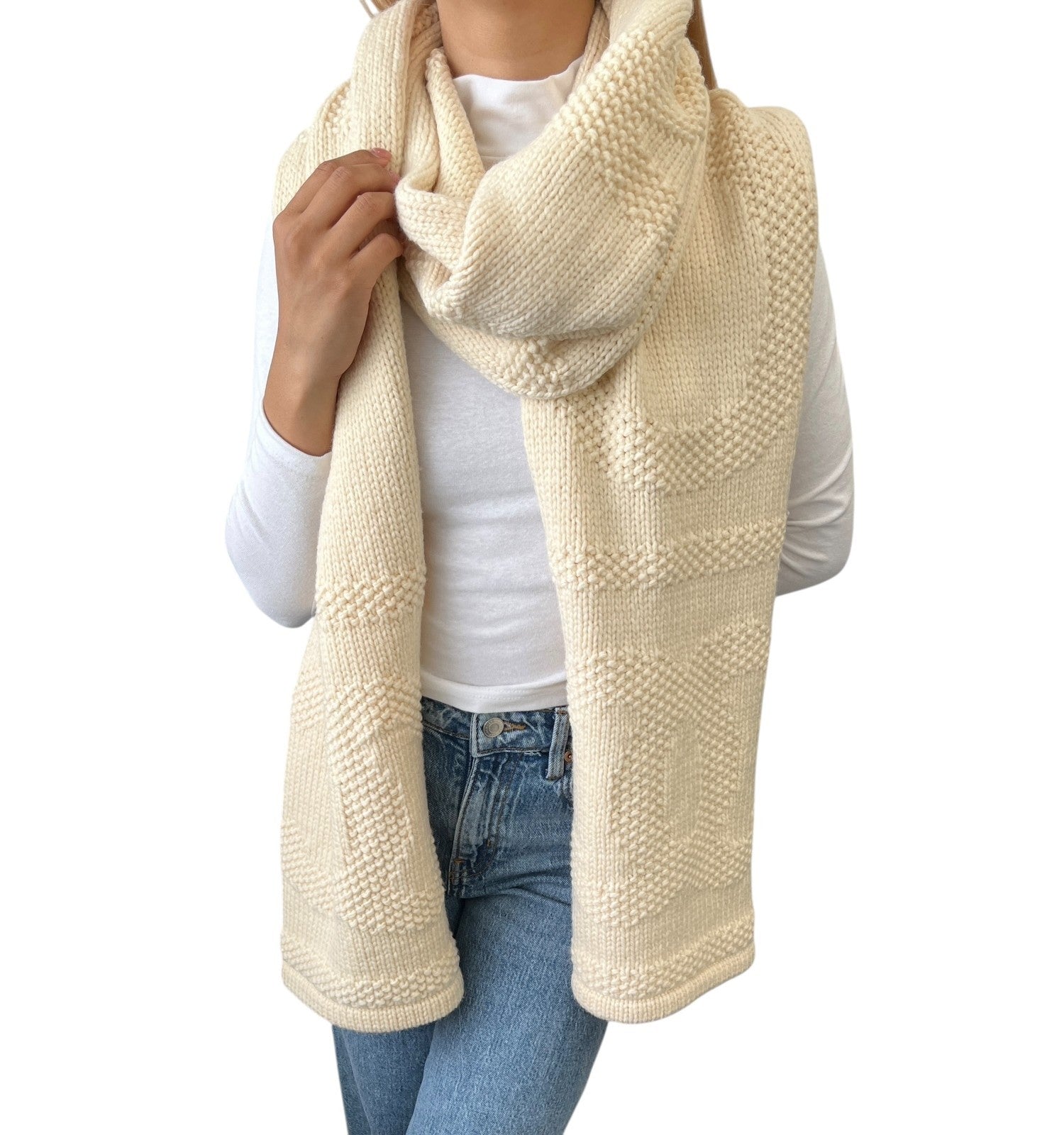 CHANEL Vintage CC Mark Logo Knit Muffler Scarf Wrap Accessory Cream Wool Stitch