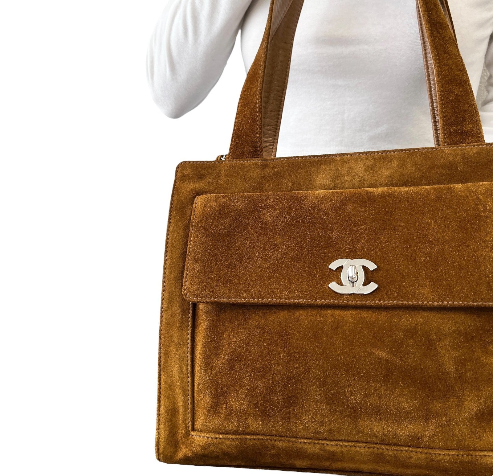 CHANEL Vintage CC Mark Logo Turnlock Tote Shoulder Bag Brown Silver Suede