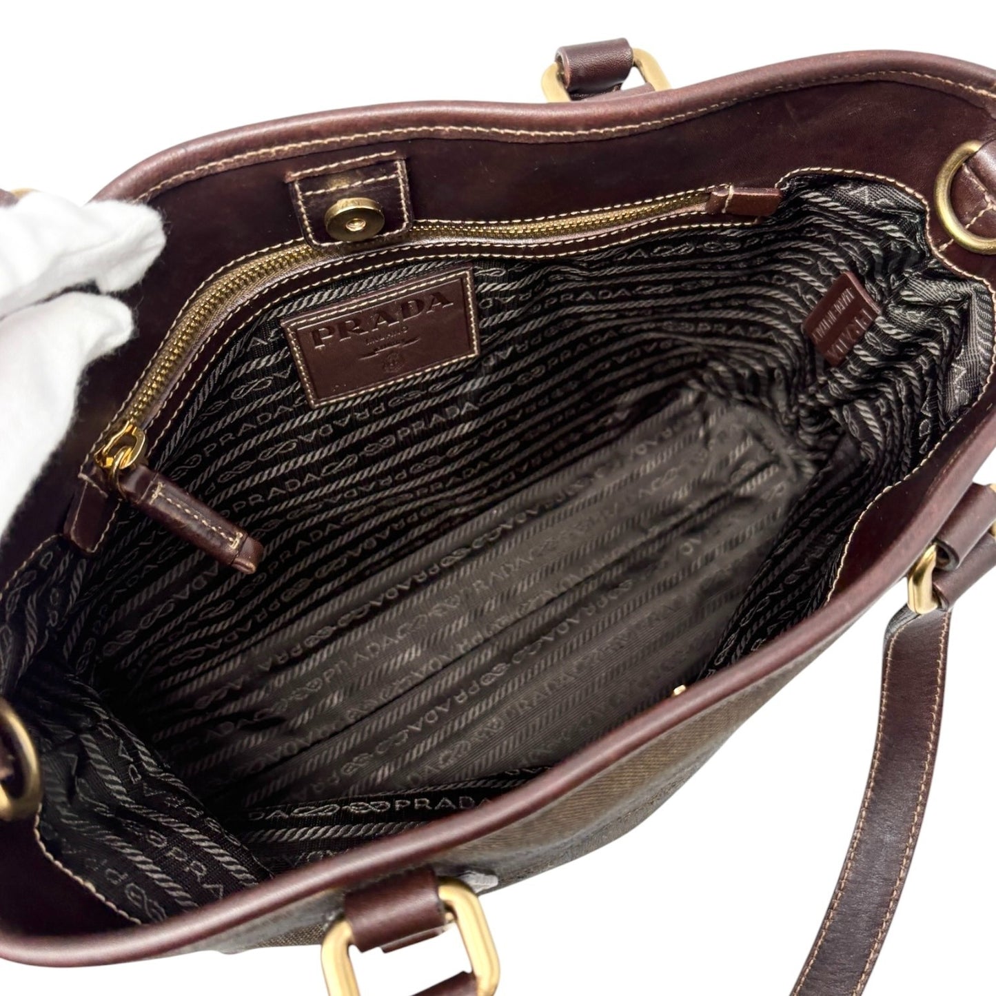 PRADA Vintage Triangle Logo Milano Jacquard Canvas Shoulder Tote Bag Brown Gold